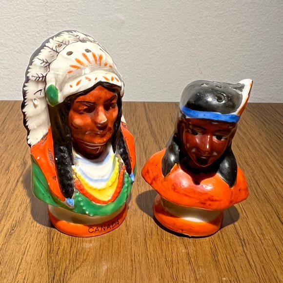 Vintage Ceramic Indian Chief and Woman Salt Pepper Shakers - Picture 2 of 7